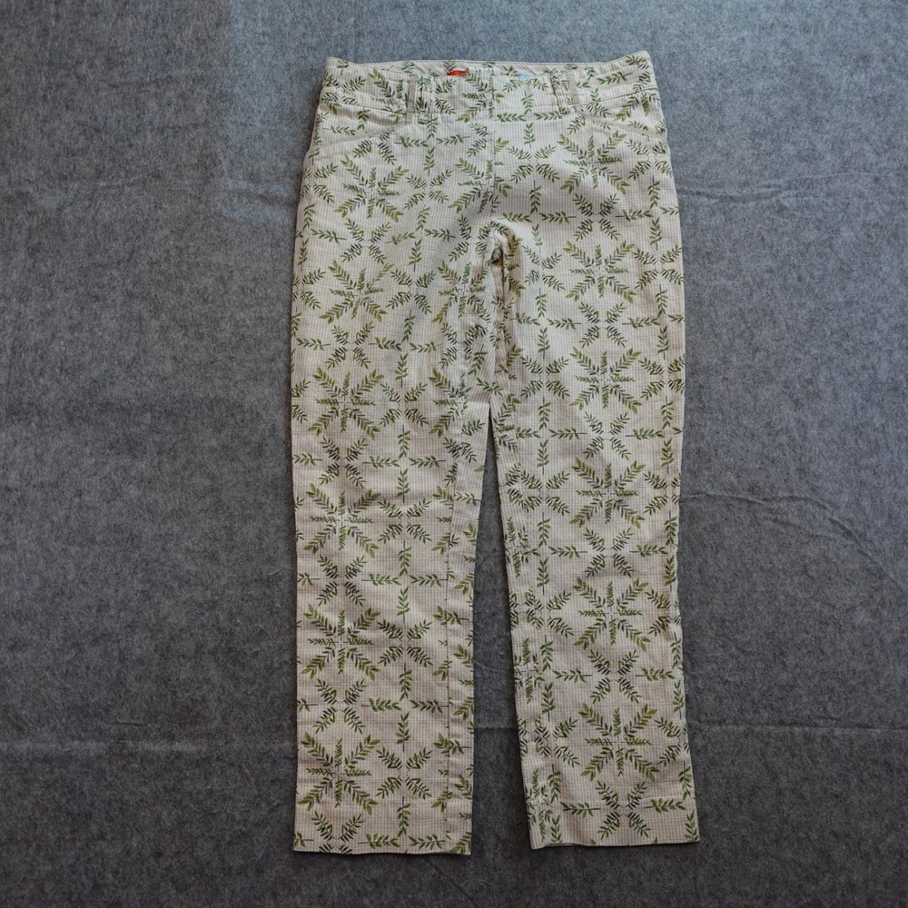 Anthropologie Pants Womens 2 Cream Green Leaf Print Cartonnier Charlie Ankle